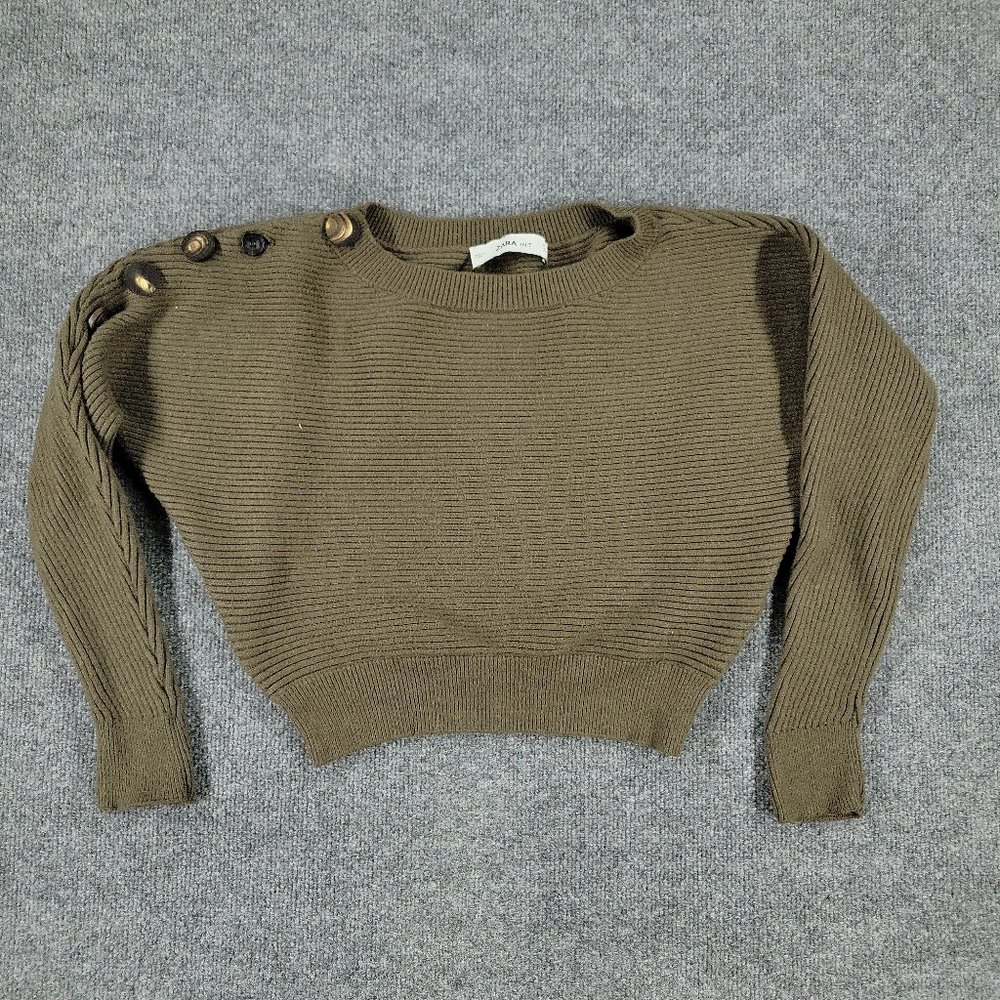 Zara Knit Sweater Women's Medium Olive Green Pullover Long Sleeve Chunky Ribbed